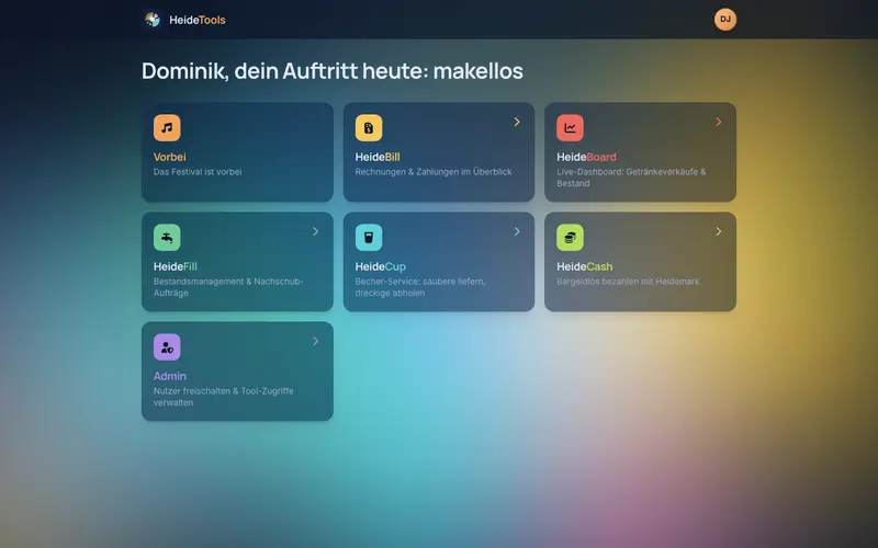 Die HeideTools nach dem Anmelden: Kacheln für HeideBill, HeideBoard, HeideFill, HeideCup und HeideCash
