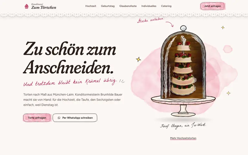 Startseite der Konditorei Zum Törtchen: „Zu schön zum Anschneiden" neben einer Hochzeitstorte unter einer Glasglocke